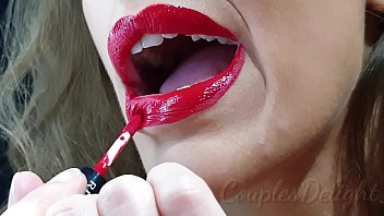 Play 100% Natural Big Lipped skinny wife applying long lasting red lipstick, sucking and deepthroating my cock untill she receives a creamy reward - couplesdelight
