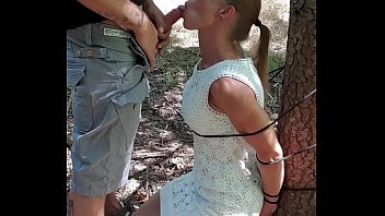 Play Belgian milf gets tied up in woods and sucks dick